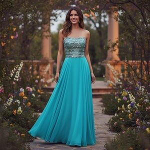 Sherri Hill Beaded Strapless Gown Size 6 Aqua Teal Pageant Prom Fairy Maxi Dress